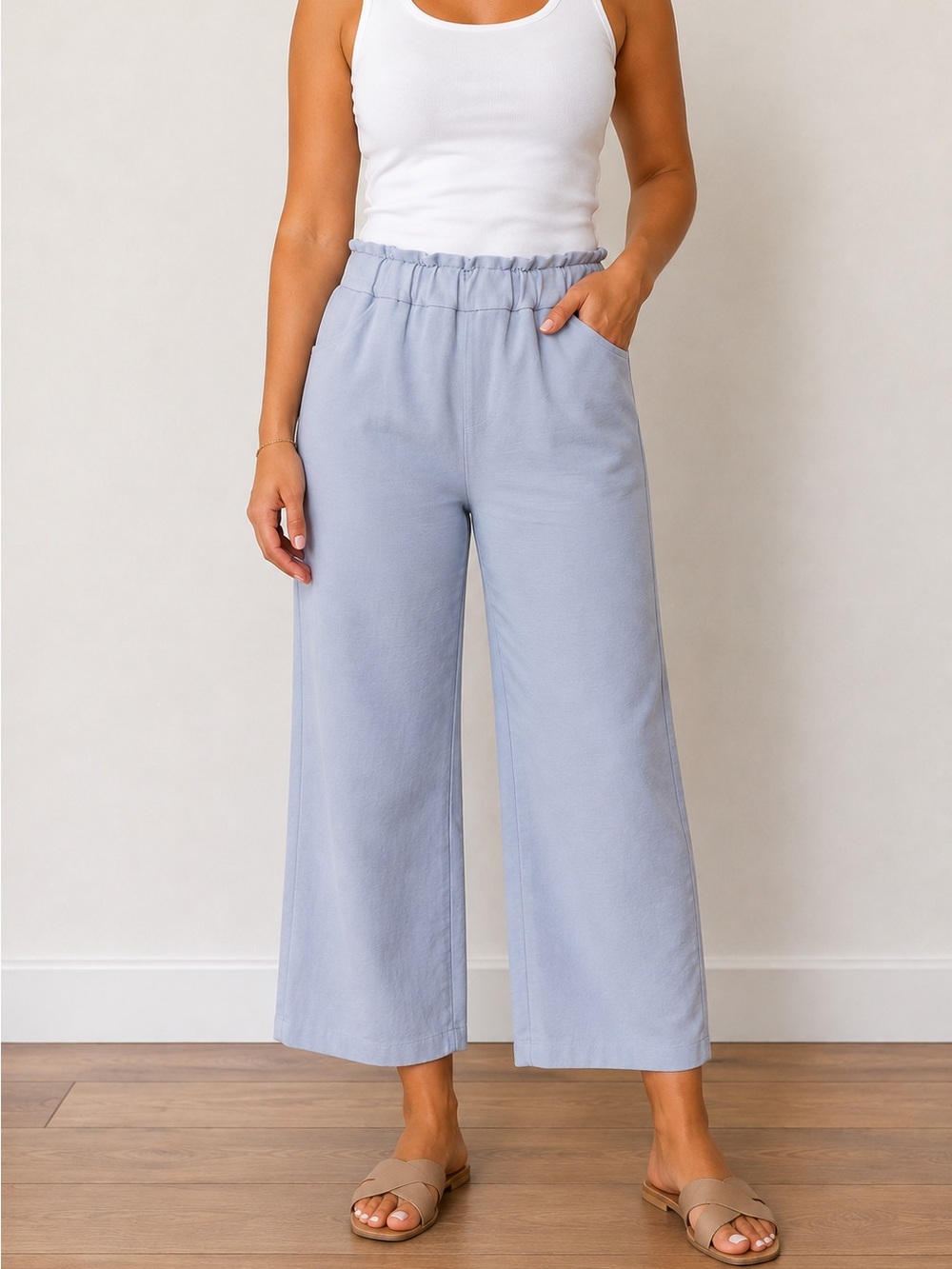 Wide-Leg Cropped Elastic Waist Pants in Dusty Blue